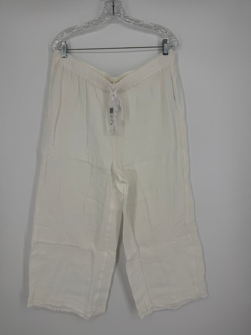 Eileen Fisher Organic Cotton Gauze Wide Leg Crop Pants SZ LG  White Raw Hem